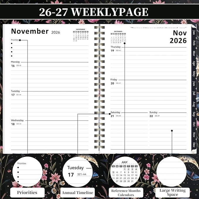 2026-2027 Planner, 12 Months Monthly & Weekly Daily Planner July 2026 - June 2027, 8.5" x 6.2" Hardcover Agenda Organizer with Tabs, Spiral Bound Calendar Notebook for School Work Home, Floral Design (Red & Butterfly)