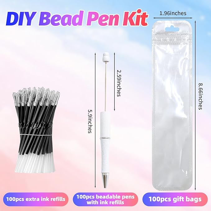 300 Pieces DIY Beadable Pen Kit – 100 Plastic Ballpoint Pens with Refills & Bags – School Supplies, Office Accessories & Decorative Items for Students & Teachers （White）