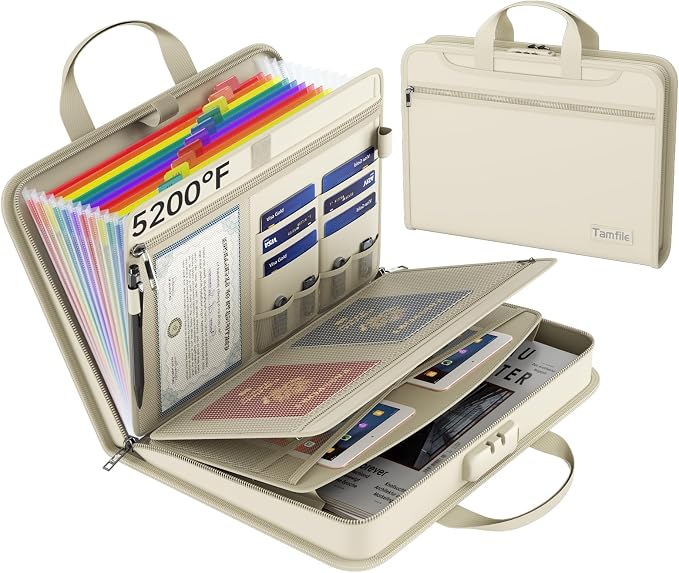 Fireproof Accordion File Organizer with Lock, 5200℉ Document Organizer | Thickened, 13 Colorful Pocket, with Zipper & Labels, Important Document Organizer, Expanding File Folder, with Handle, Black