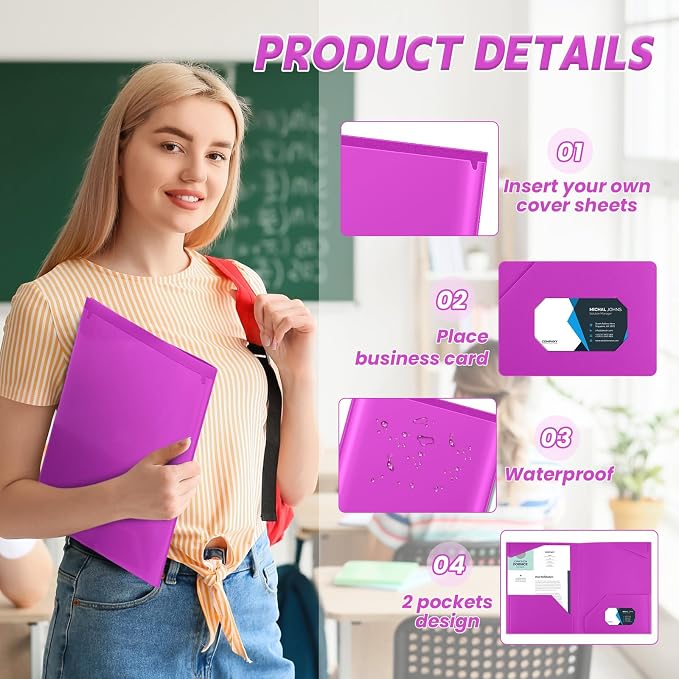 Henoyso 36 Pack Fluorescent Purple Plastic Folders with Clear Front Pockets Heavy Duty File Folders with 2 Pockets and Card Slot for Student Communication School Office Presentation Report