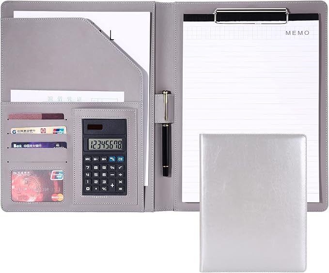 Portfolio Case,Leather Portfolio Folder Organizer, Resume/Conference Document Executive Organizer with A4 Size Clipboard,Business Card Holder,Handsome Portfolio for Women/Men,Silver Grey