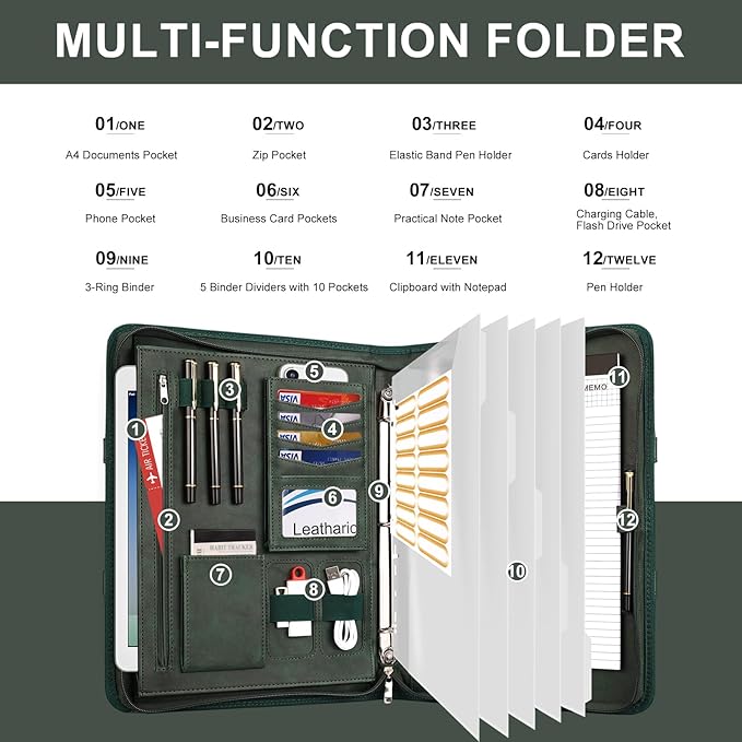 Leathario Portfolio Binder, Includes 5 Folder Index Dividers, 13 Inch Tablets Organizer with Handle, Vegan Leather A4 Padfolio, Multi-Pocket Notepad Business Planner Professional Document