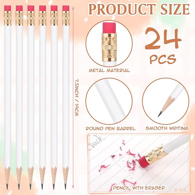 24 Pcs Round Pencils with Eraser 2 HB Cute Pencils Bulk for School Graphite Wood Color Unsharpened Pencil for Drawing Sketching Wedding School Teacher Supplies Student Reward(White)