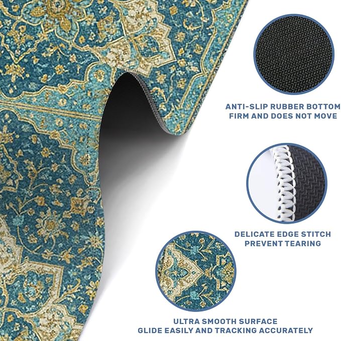 Persian Desk Mat Gaming Large Mouse Pad Teal Gold Ornate Floral Botanical Mousepad Computer Keyboard Pad Mouse Mat Laptop Mat 31.5 x 11.8 Mouse Pads for Desk Home Office Gaming