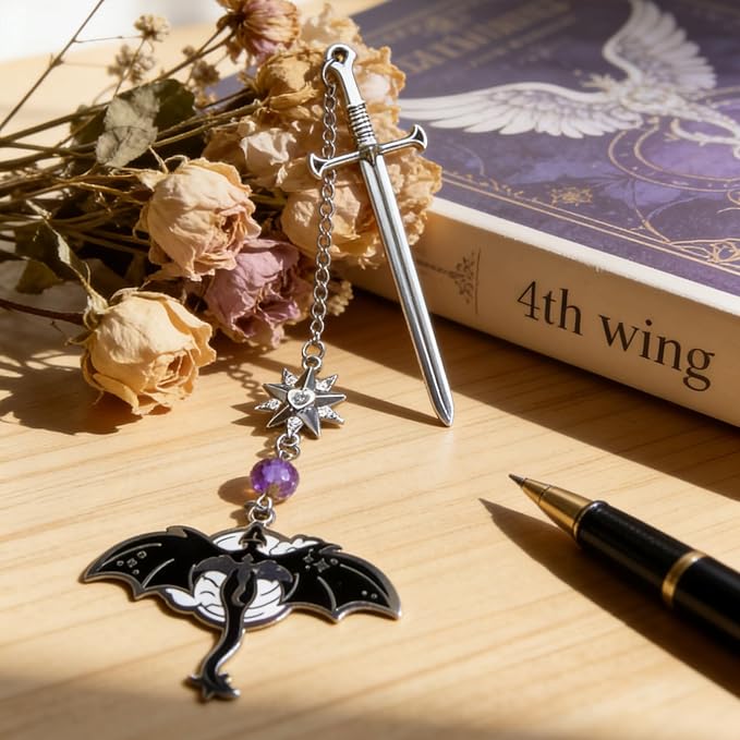 Silver Dragon Bookmark with Sword and Fourth Wing Antique Metal Tassel Pendant, Bookmarks for Reading Women, Men, Book Lovers, Teachers and Students, Christmas Birthday Gifts