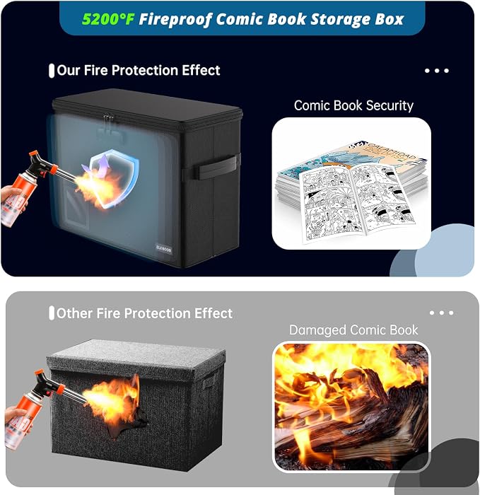 5200 Fireproof Book Storage for 150-175 Comics, Water-Resistant & Moistureproof Stackable Box With Label Window and Lock, Sturdy Short Case With Fire Zipper, Black