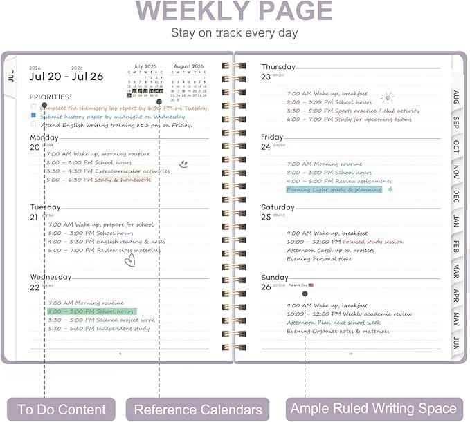 Planner 2026-2027, Weekly and Monthly Academic Year Calendar Planner, July 2026 - June 2027, Daily Agenda Book for Office School Supplies, A5(6.3'' x 8.5'')