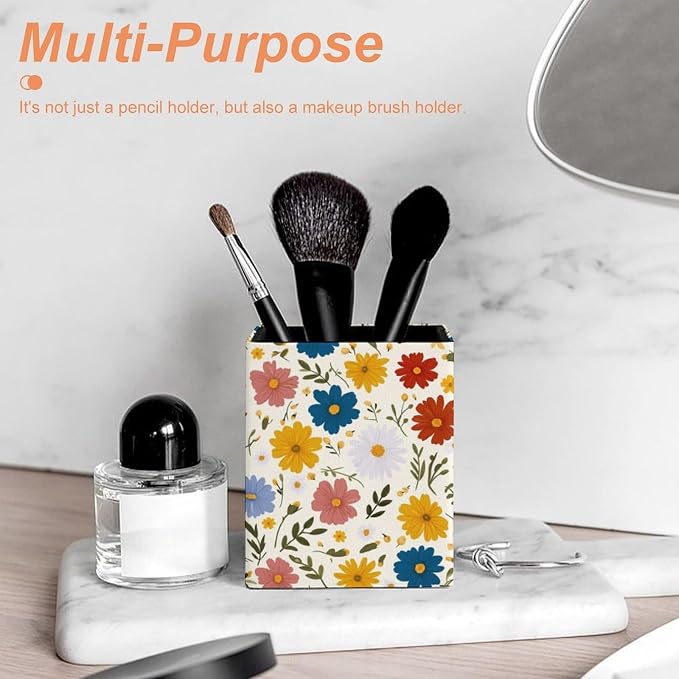 Flowers Print Square Leather Pen Holder, Minimalist Desk Organizer for Office Home School, Pencil & Stationery Storage Box, Gift for Students Teachers Colleagues