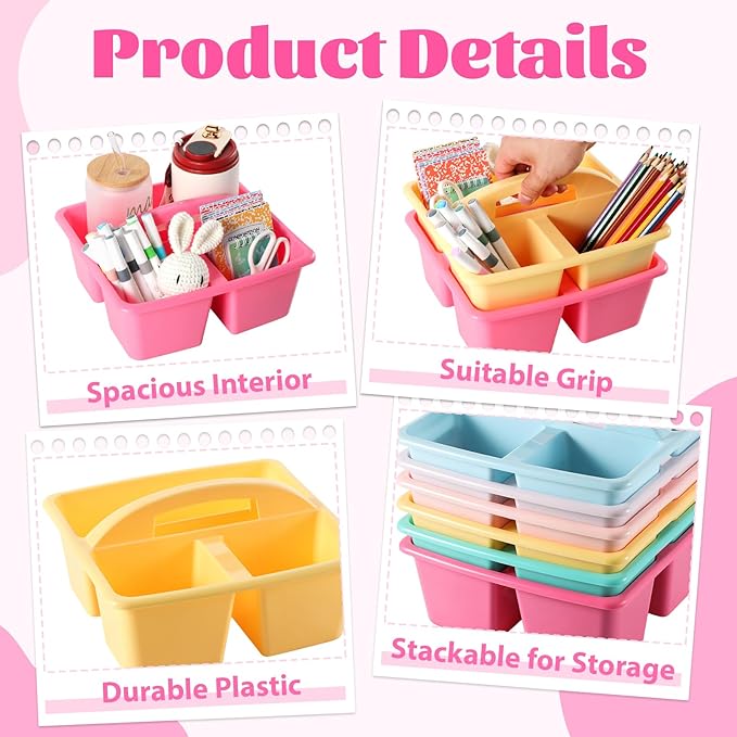 6 Pack 3 Compartment Small Caddy Plastic Classroom Organizer with Handle Portable Teacher Supply Storage Caddy Craft Art Caddies for Pencil, Crayon, Marker, Home, Office, School Supplies(Pastel)