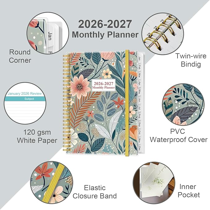 2026-2027 Monthly Planner - 18 Monthly Calendar, January 2026 - June 2027, Two Pages Per Month, 9" x11" Planner with Tabs, Strong Twin-Wire Binding, Inner Pocket, Flower-A