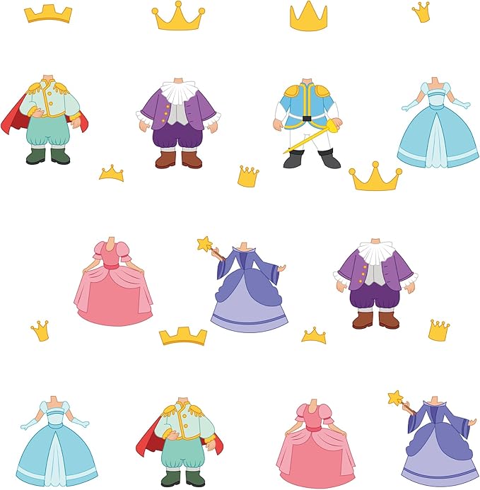 48Pcs Princess and Prince Crown Cutouts Bulletin Board Decorations Gold Crowns Paper Cut Outs DIY Photo Picture Craft for Kids Kindergarten Party Home Wall Back to School Classroom Birthday Supplies