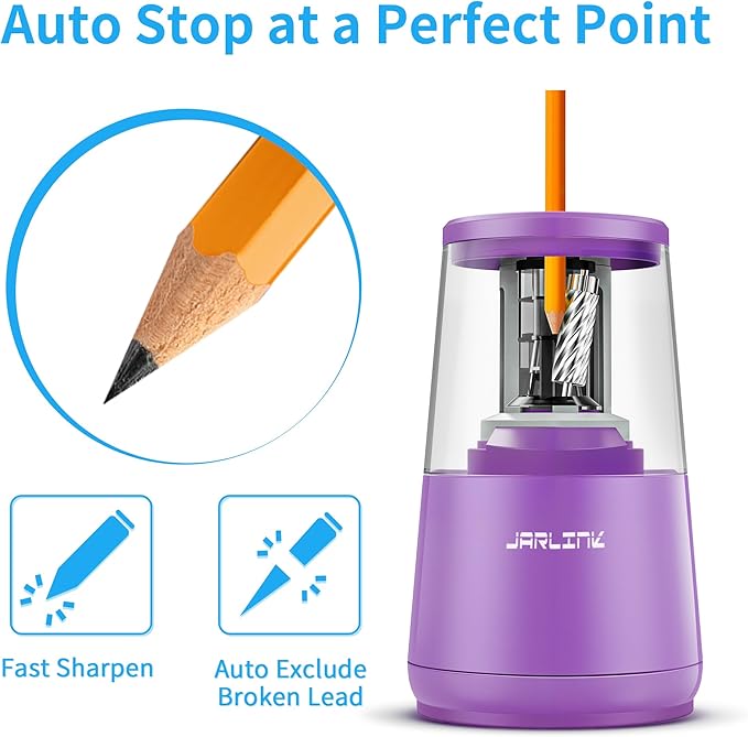 JARLINK Electric Pencil Sharpener, Heavy-Duty Helical Blade to Fast Sharpen, Auto Stop for No.2/Colored Pencils(6-8mm), AC Adapter/Battery Operated in School Classroom/Office/Home (Purple)