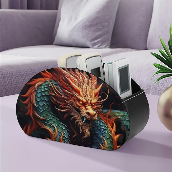 Chinese Dragon TV Remote Control Holder PU Leather Storage Caddy Box 5 Compartments Multi-functional Desktop Organizer Store for Brush Office Supplies Pen Glasses
