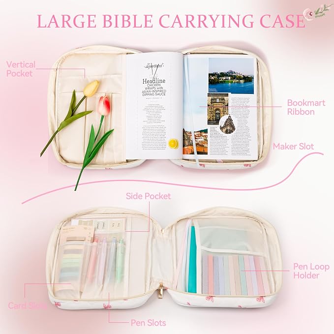 Bible Cover Case for Women Large Quilted Bible Carrying Bag with Handles Bible Study Supplies & Accessories Christian Gifts for Women(Pink Bow, M)