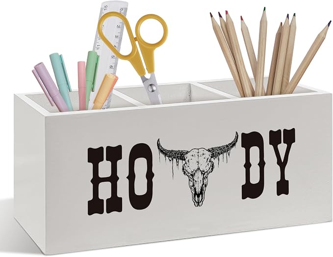 Boho Western Pen Pencil Holder, Western Desk Accessories, Southwestern Cowboy Bull Skull Wooden Pen Pencil Organizer for Country Home Office Desk Decor