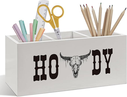 Boho Western Pen Pencil Holder, Western Desk Accessories, Southwestern Cowboy Bull Skull Wooden Pen Pencil Organizer for Country Home Office Desk Decor