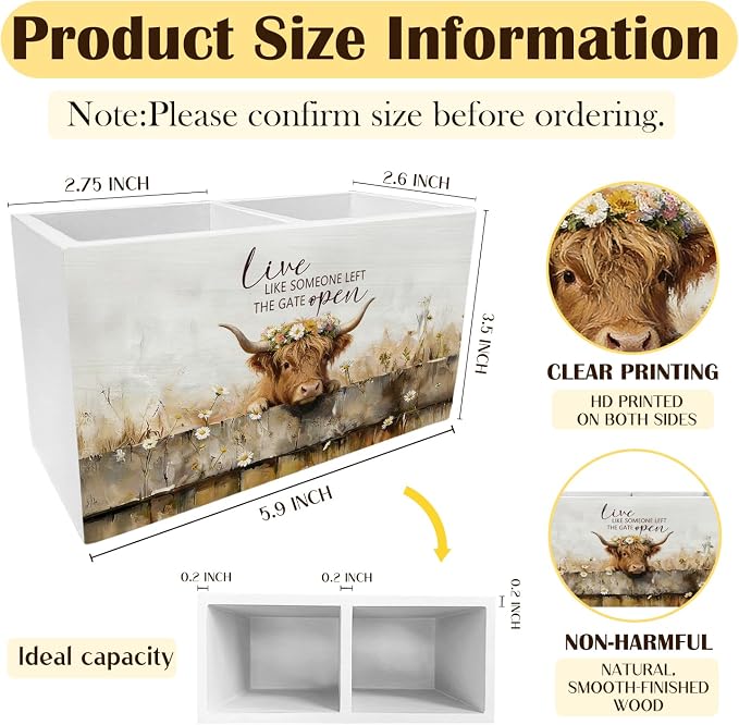 Rustic Highland Cow Pen Holder for Desk, Highland Cow Gifts for Women Pencil Organizer, Live Like Someone Left the Gate Open Wooden Box Sign Desk Decor for Home Office Decoration