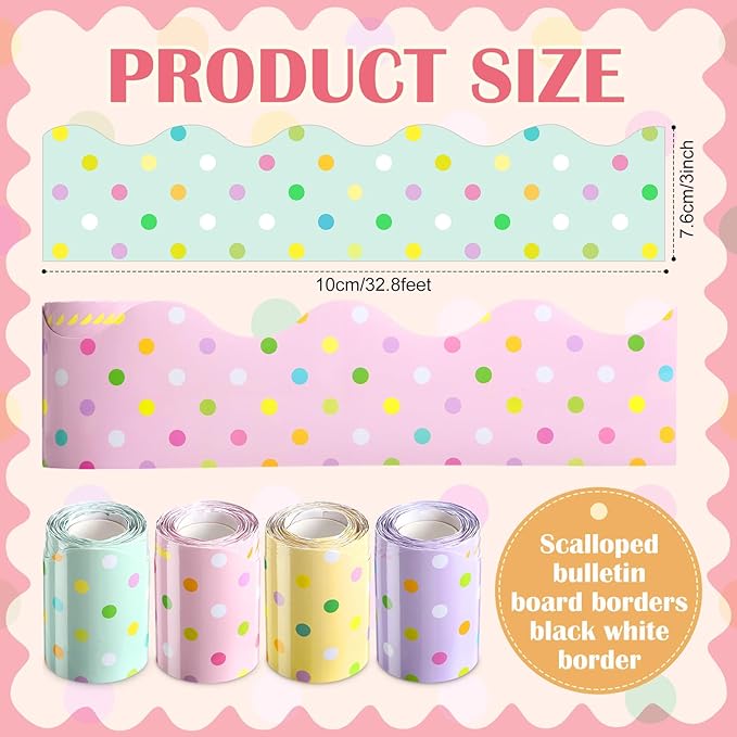 Mooliwe 131 Feet Pastel Dots Bulletin Board Borders Colorful Polka Dot Bulletin Border Board Rainbow Dot Wavy Scalloped Straight Trim Borders for Classroom Office Home Decor