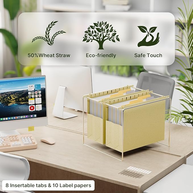 XINGIA 6 Pack Extra Capacity Hanging File Folders Letter Size,Wheat Straw Reinforced Hanging File Organizer for Filing Cabinets, 4 Inch File Folders with Hooks,Expandable Hanging Files with Tabs