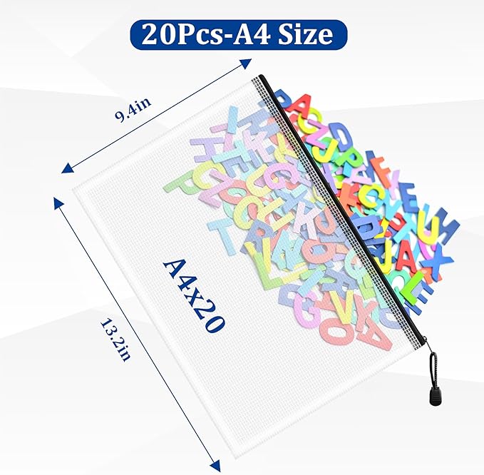 20pcs Mesh Zipper Pouch, A4 Zipper Bags for Organizing, Mesh Zipper Bag, File Organizer Pouches, Storage Pouch, Mesh Zipper Pouches for Organizing, School Office Supplies