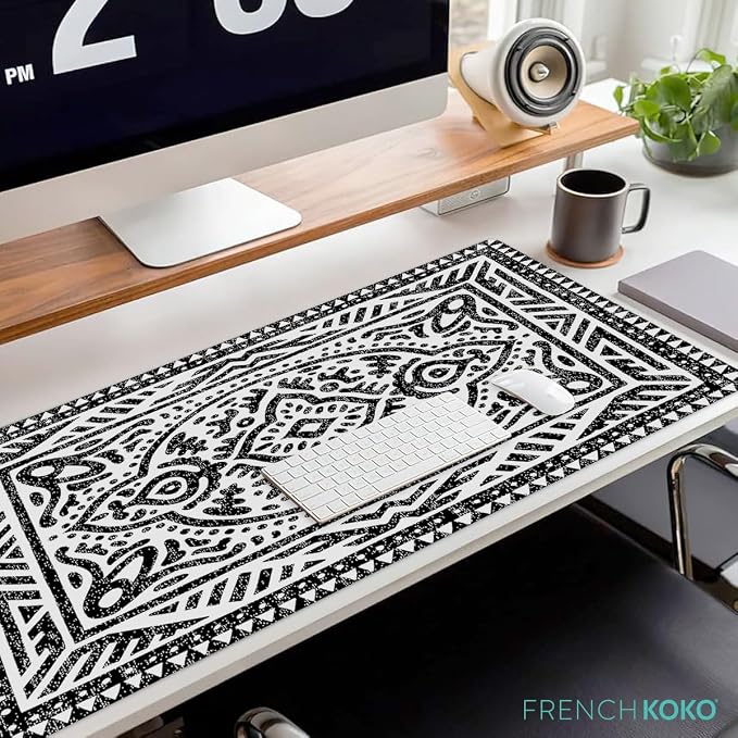 French KOKO Desk Mat, Large Desk Pad Large Mouse Pad Cute Desk Accessories Home Office Essentials XL Desk Mat Desk Pad Keyboard Mouse Desk Pads Computer Cute Women Girls (Black White Rug, 36" x 16.5")