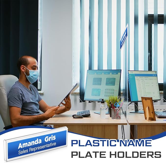 Wonderjune 50 Pack Plastic Cubicle Name Plate Holder 8.5" Wide x 2" High Glass Wall Name Plate Holder Clear Acrylic Sign Display Stand for Home Office Business (Suitable for 1/4" Cubicle Wall)