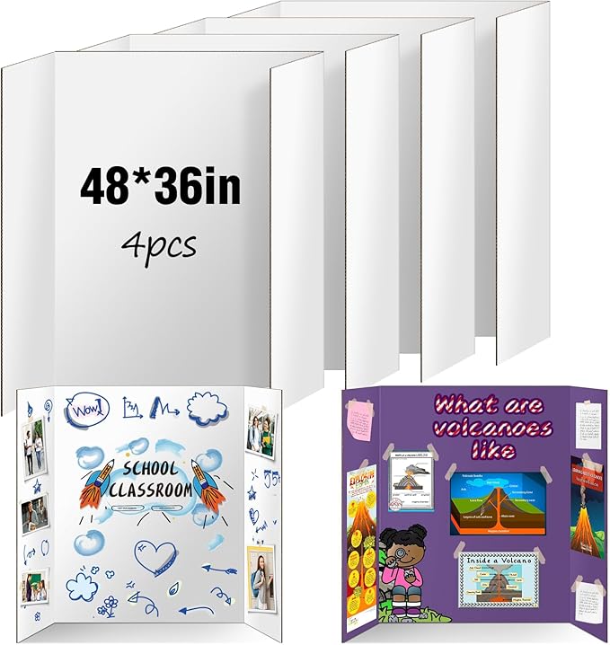 4 Pack Trifold Poster Board 48" X 36", IKAYAS Double Sided White Poster Boards, Science Fair Display Boards Posterboard for Mounting, Prints,Art,Display,Projects Classroom Supplies