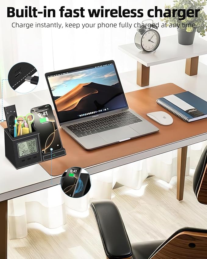 Multifunctional Pen Holder and Organizer for Desk with Wireless Charger, Digital Indoor Thermometer and Humidity Gauge, Home Office Organizers and Storage (Battery Included)