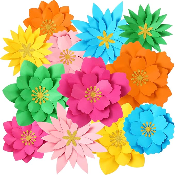 MotiMind 12 Pcs Paper Flowers Decorations for Wall DIY Paper Flowers Bulletin Board 3D Handcrafted Backdrop Decoration for Classroom Back to School Party(Rainbow Color)