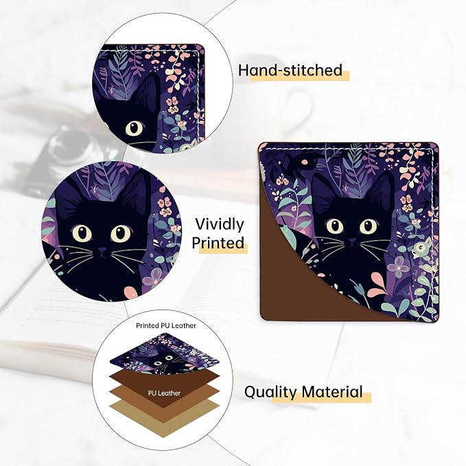2 Pack Cat Hiding in the Flowers Leather Book Corner Bookmark, Durable Handmade Reading Accessories - Gifts for Readers, Women, Men, Teachers, Students 3