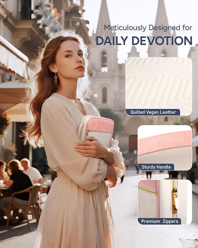 BellaHold Quilted Vegan Leather Bible Cover, Color-Blocked Bible Cover Case for Women, Bible Carrying Case with Handle, Bible Study Supplies & Christian Gift for Women and Girls (White & Pink, TS/S)