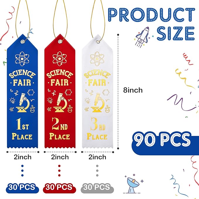 Taiyin 90 Pcs Science Fair Award Ribbons 1st, 2nd, 3rd Place Participation Prize Winner Recognition Ribbons with Event Card and Rope for Competition Sports Event Contest Prize Ornaments