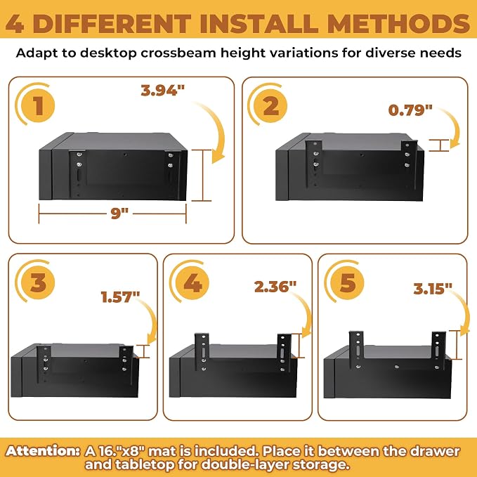 POPMOON 16.6 In Under Desk Drawer For Desk,Adjustable Height, Pull out Storage Organizer with Slide Extension Mounted Under Flat Wooden Table or Workbench, Carbon Steel Hidden Desk Drawer