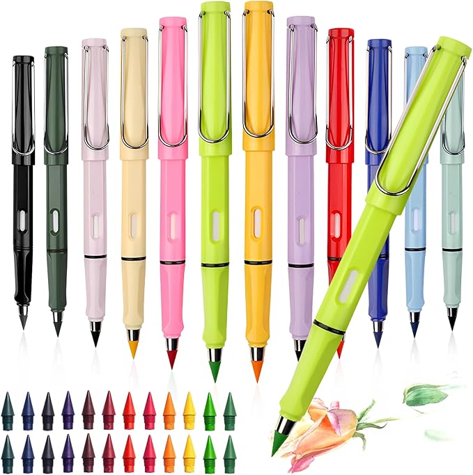 12 Pcs Colored Eternal Pencils with 24 Replacement Nibs, Forever Pencil, Infinity Pencil with Eraser for Writing Drawing and Home Office School Supplies
