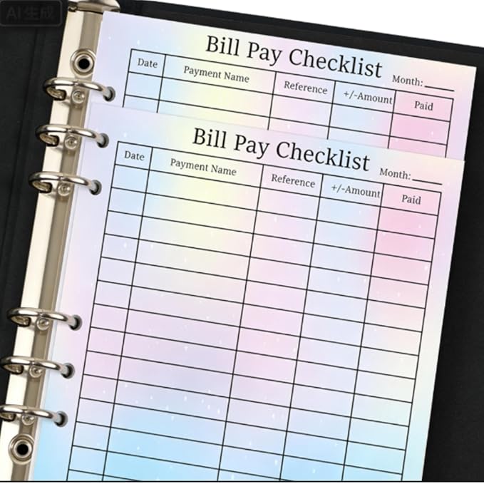 50 Pack Payment Checklist Refills 6-Hole Punched Loose Leaf Budget Planner Refill - Colorful Monthly Budget Forms Budget Planner Note Card for A5 Binder Saving Organizer Budgeting (Colorful)