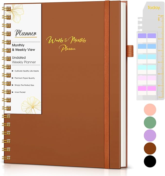 Undated Weekly and Monthly Planner, B5 Large Weekly To Do List Notebook with Goal & Habit Tracker Organizer, Hardcover Spiral Bound Blank Monthly Planner for Work School Home 7.4" x 9.64" Brown