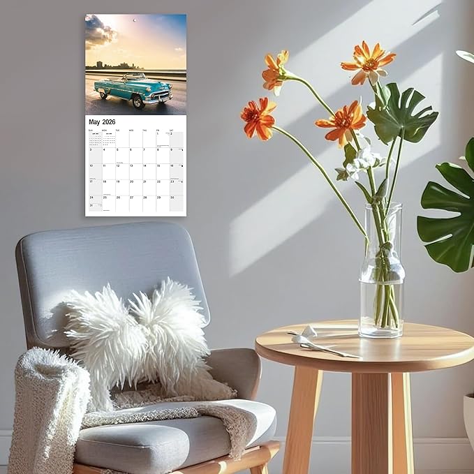 2026 Wall Calendar Planner Calendar - Classic Car Hangable Monthly Wall Calendar with Large Blocks for Organizing & Planning, Academic Schedule, Home, Office & Family, Thick & Sturdy Paper