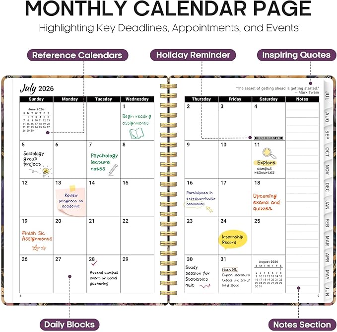 Planner 2026-2027, Academic Year Monthly and Weekly Calendar Planner, Jul 2026 - Jun 2027, Hardcover Teacher Student Planning Agenda book with Tabs, Perfect for School Office Supplies, 8.5" x 11" - Midnight Bloom