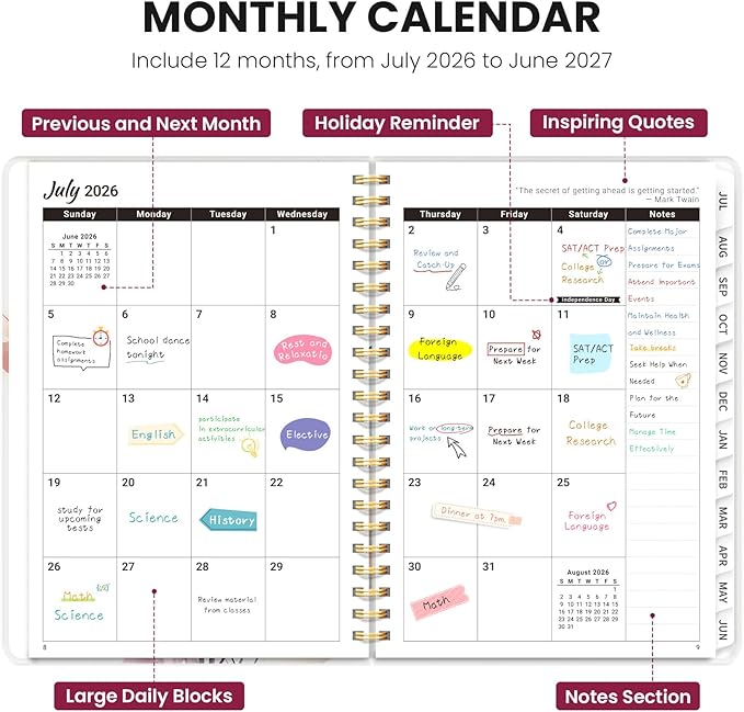 Planner 2026-2027, Monthly and Weekly Academic Planner July 2026 - June 2027, Hardcover Student Teacher Planning Agenda Calendar Book with Tabs, Perfect for Office School Supplies, A5 (6.3" x 8.5") - Painted Bloom