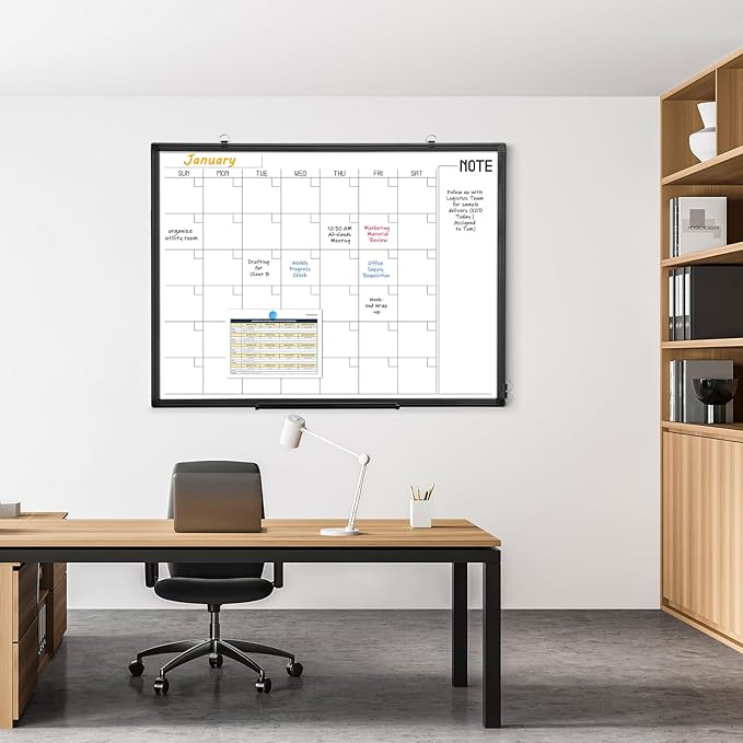 WALGLASS Dry Erase Calendar Whiteboard, 48" x 36" Monthly Large Dry Erase Calendar for Wall, Double-Sided Hanging White Board with Black Aluminum Frame for Home, School, Office, Kitchen