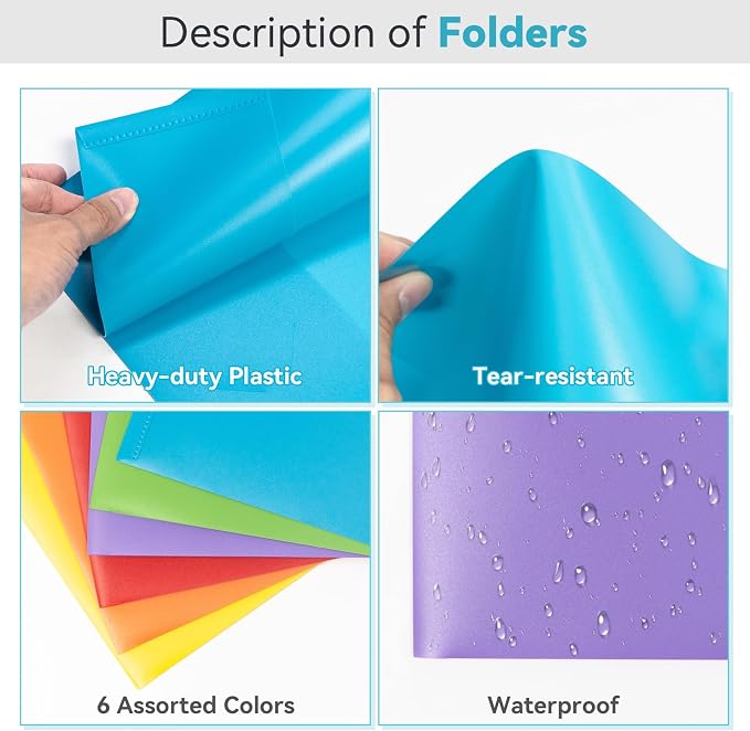 Plastic Pocket Folders with Pockets, Heavy-Duty 6-Color Two-Pocket Folder for Letter Size Documents, Business Card Slot, for Office, School, Organizing Files