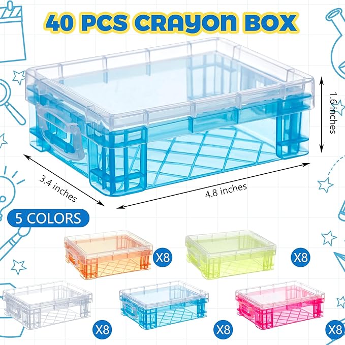 Suzile 40 Pcs Plastic Crayon Boxes Holds 24 Crayon with Snap Lid Storage Container Clear Stackable Case for School Office Classroom Supplies Pen Pencil Craft(Clear, Red, Green, Blue, Orange)