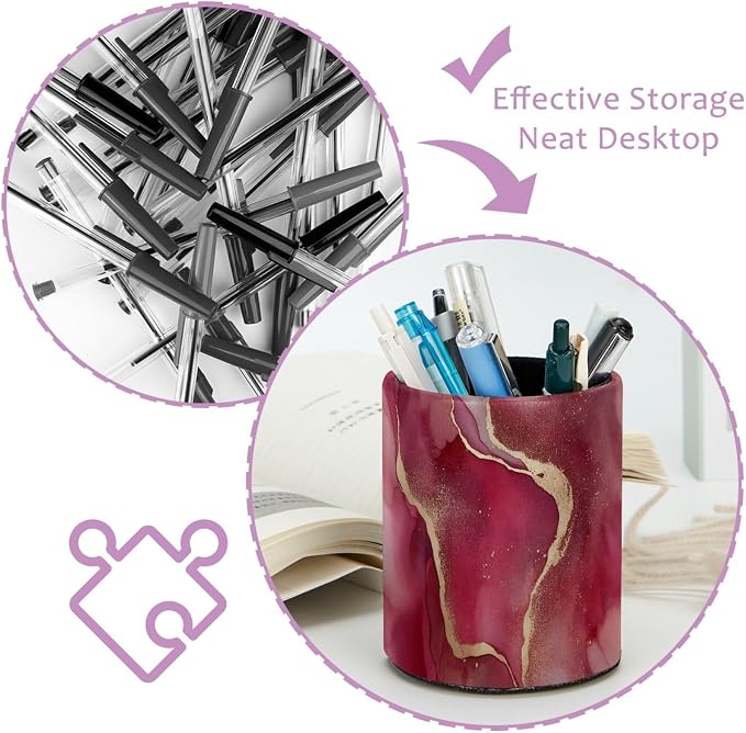 Pink Marble Pen Holder Pencil Organizer Cute Pencil Cup Desk Decor Makeup Brush Holder PU Multifunctional Office Supplies for Home Classroom School