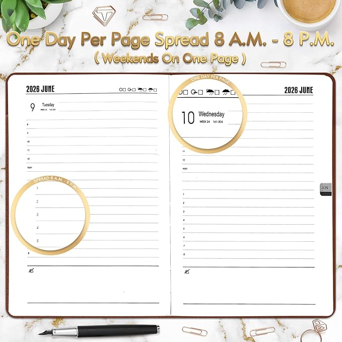 KESOTE 2026 Daily Hourly Planner - One Page a Day, 2026 Diary 5.7 x 8.3" Hardcover Weekly Monthly Planner Agenda 12 Month, A5 Notebook, Brown