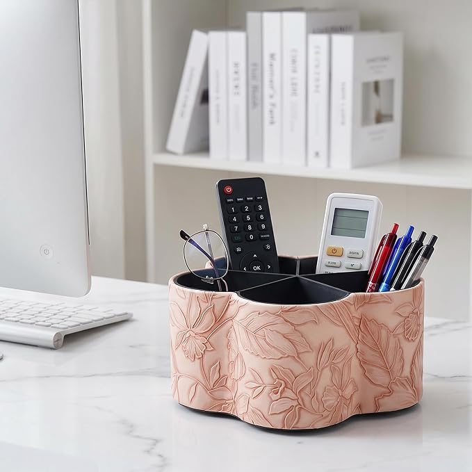 Flower Shaped Leather Art Supply Organizer,Remote Control Holder,360 Degree Spinning,Multi-Functional Pencil Holder,5 Compartments Desktop Stationary Organizer(1-Flower Pink)