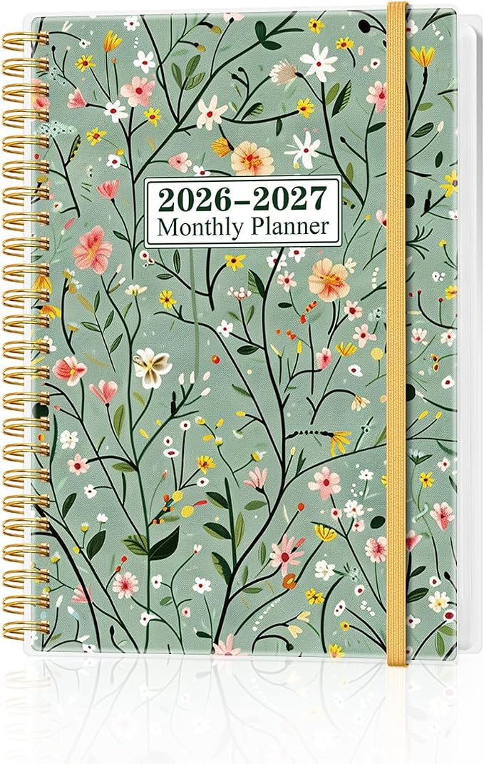 Monthly Planner 2026-2027 – Monthly Calendar from May 2026 to December 2027, 20 Month Planner with Spiral Binding, Inner Pocket, Elastic Closure, 5.8" x 8.5", Flower-B