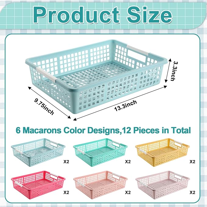 12 PCS Plastic Classroom Turn in Paper Trays Storage Bin Basket Organizers Holds 4A Paper File for School Teacher Supplies Classroom Office Home Organization and Storage Tray (Macarons)