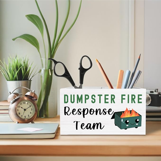 Funny Dumpster Fire Pen Holder for Desk, Dumpster Fire Response Team Wooden Box Sign Desk Decor for Office Decoration, Sarcastic Office Pencil Organizer, Funny Coworker Gifts