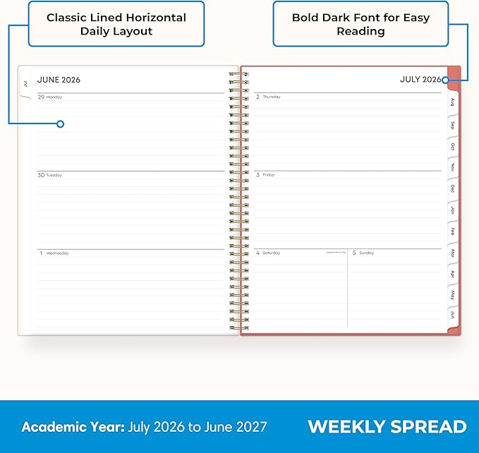 Blue Sky 2026-2027 Weekly and Monthly Academic Year Planner Calendar, July 2026 - June 2027, 8.5" x 11", Flexible Pocket Cover, Wirebound, Storage Pocket, Cali Pink
