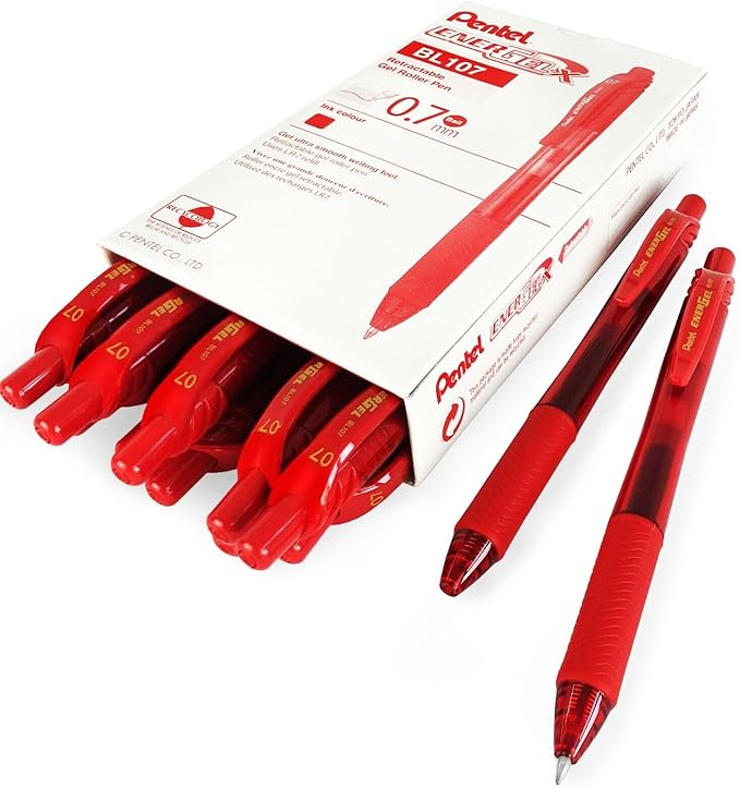 EnerGel Pentel X Retractable Liquid Gel Pen (0.7mm) Metal Tip, Red Ink, Box of 12 (BL107-B)